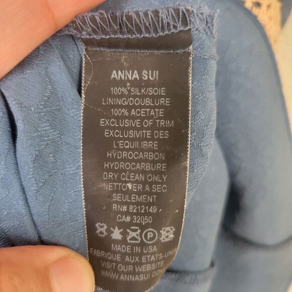 Anna Sui Blue 100% Silk Fit And Flare Tunic Tank Top Crochet Lining Size Small - Picture 12 of 16